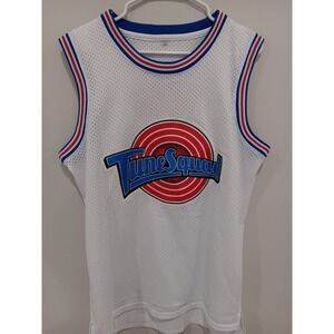 White Tune Squad Mesh Basketball Jersey with Blue & Red Trim